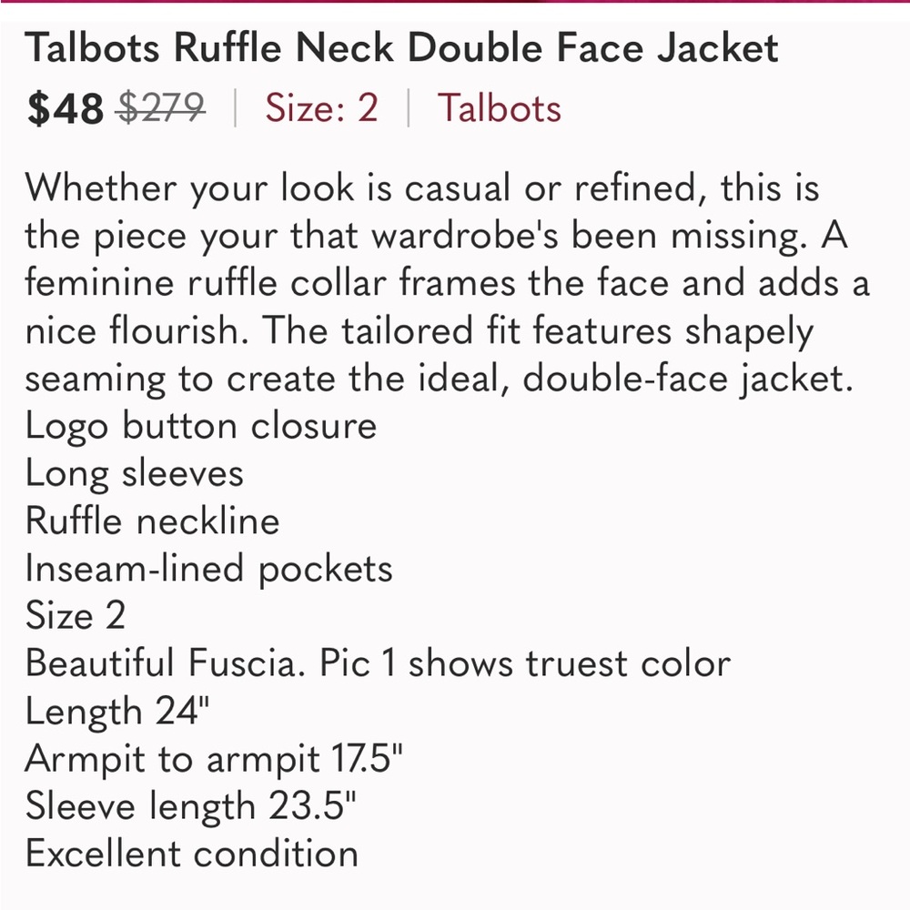 Talbots Ruffle Neck Double Face Jacket Romantic H… - image 7